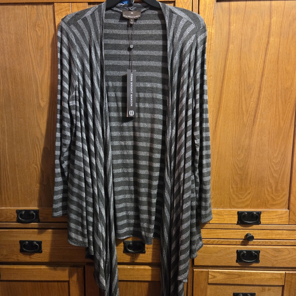 Fenn Wright Manson Women's Charcoal and Silver Striped Waterfall Cardigan XL New